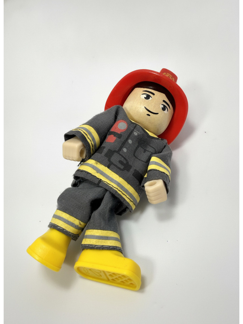 Hape Wooden Firefighter Doll Poseable Fireman Figure Wooden Toy Red Helmet GUC
